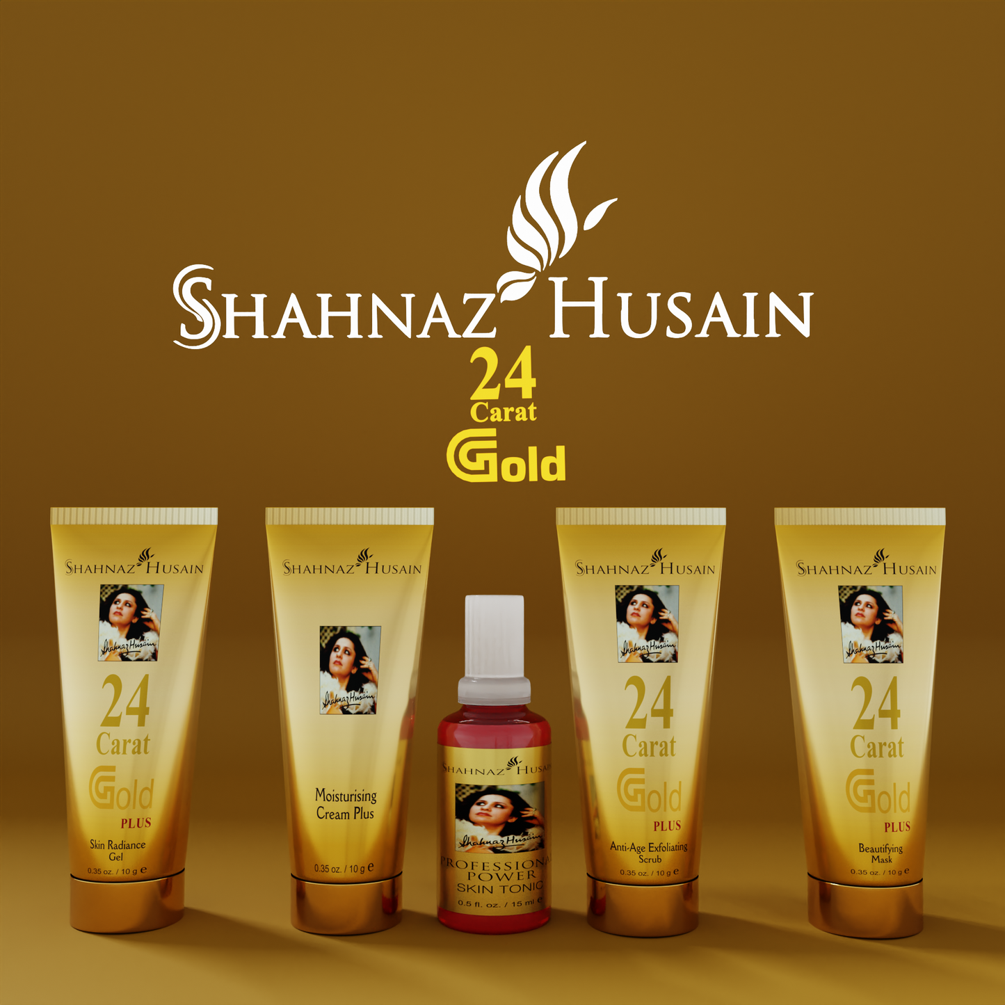 Shahnaz Husain Gold Skin Radiance Timeless Youth 10gx4 Kit (G.Scrub,G.Gel,M.Cream,G.Mask) FREE-Professional Power Skin Tonic 15 Ml