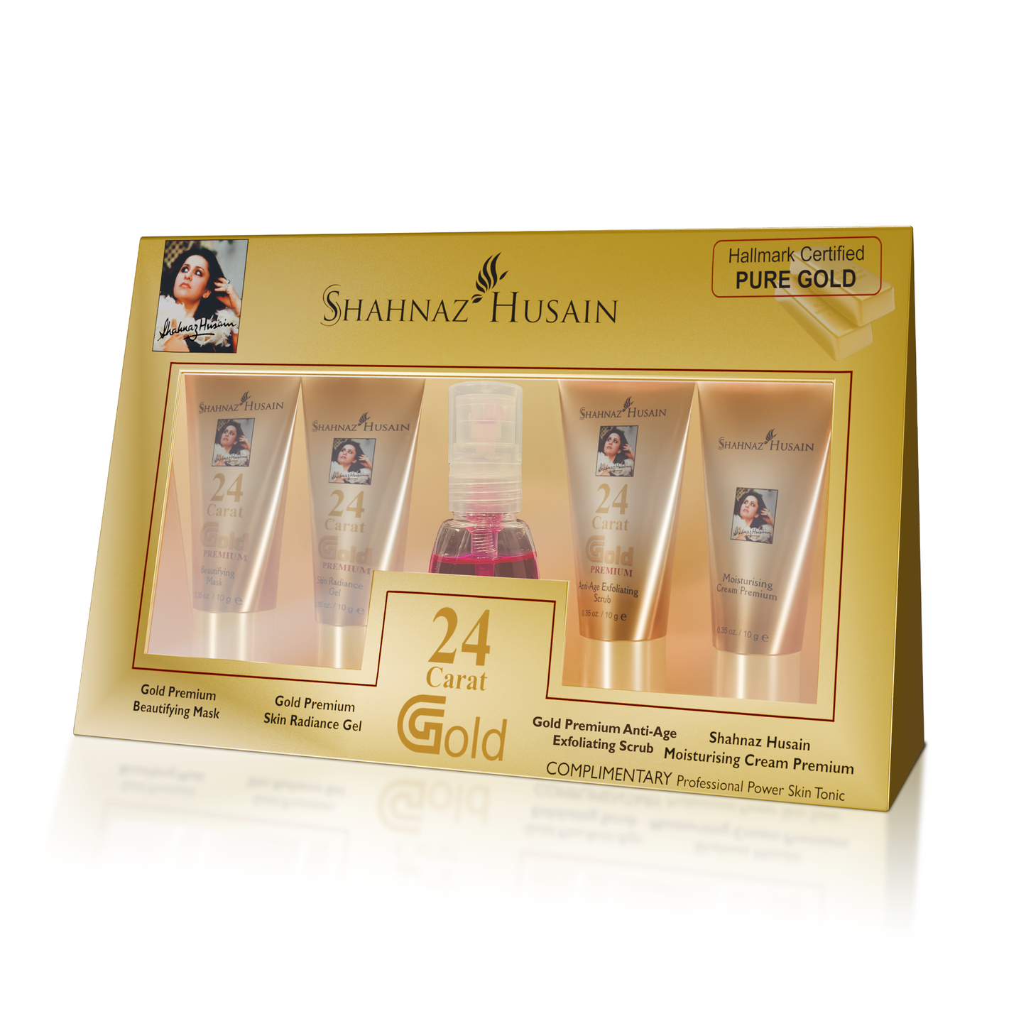 Shahnaz Husain Gold Premium Skin Radiance Timeless Youth 10gx4 Kit (G. Scrub ,G. Gel, M.Cream, G.Mask) FREE-Professional Power Skin Tonic | 15 Ml