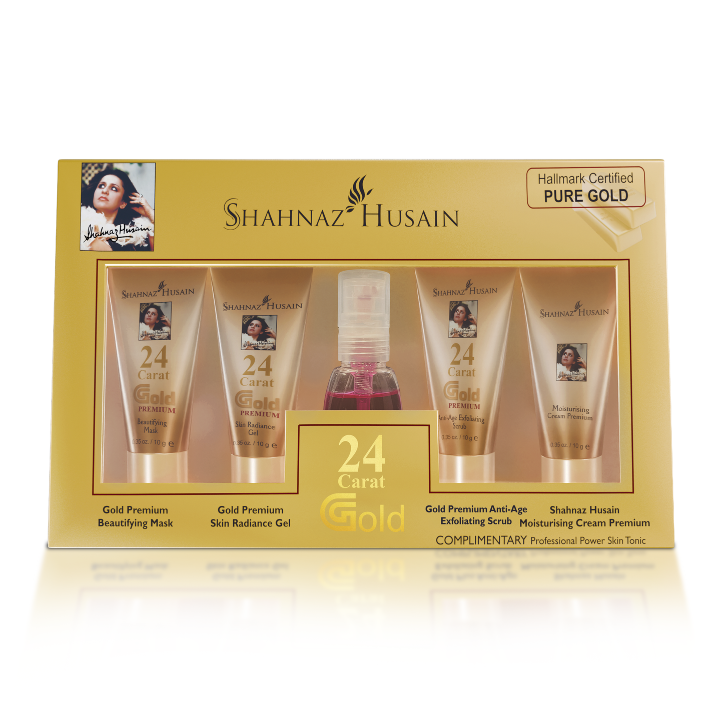 Shahnaz Husain Gold Premium Skin Radiance Timeless Youth 10gx4 Kit (G. Scrub ,G. Gel, M.Cream, G.Mask) FREE-Professional Power Skin Tonic | 15 Ml