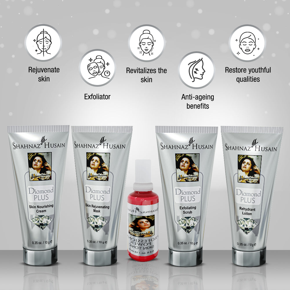 Shahnaz Husain Diamond Skin Revival Kit 10gx4 (Diamond Nourishing Cream, Diamond Scrub, Diamond Lotion, Diamond Rejuvenating Mask) - FREE-Professional Power Skin Tonic | 15ml