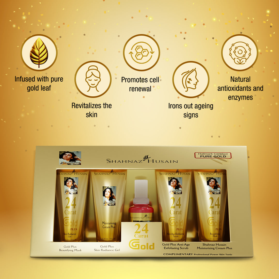 Shahnaz Husain Gold Skin Radiance Timeless Youth 10gx4 Kit (G.Scrub,G.Gel,M.Cream,G.Mask) FREE-Professional Power Skin Tonic 15 Ml