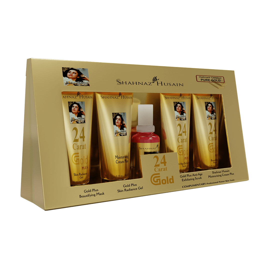 Shahnaz Husain Gold Skin Radiance Timeless Youth 10gx4 Kit (G.Scrub,G.Gel,M.Cream,G.Mask) FREE-Professional Power Skin Tonic 15 Ml