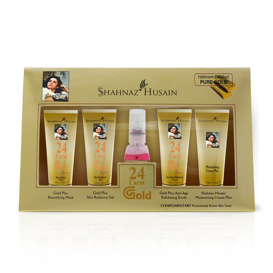 Shahnaz Husain Gold Skin Radiance Timeless Youth 10gx4 Kit (G. Scrub ,G. Gel, M.Cream, G.Mask) FREE-Professional Power Skin Tonic | 15 Ml