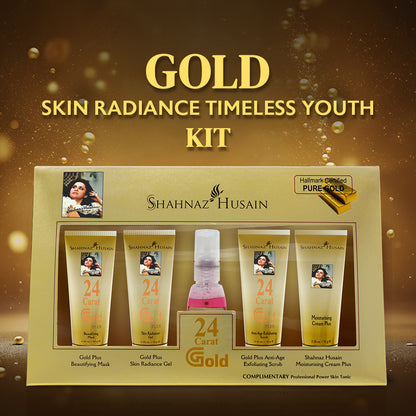 Shahnaz Husain Gold Skin Radiance Timeless Youth 10gx4 Kit (G. Scrub ,G. Gel, M.Cream, G.Mask) FREE-Professional Power Skin Tonic | 15 Ml