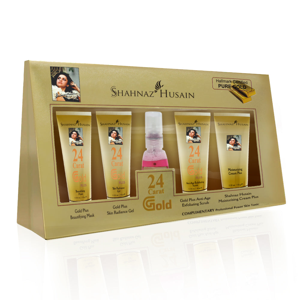 Shahnaz Husain Gold Skin Radiance Timeless Youth 10gx4 Kit (G. Scrub ,G. Gel, M.Cream, G.Mask) FREE-Professional Power Skin Tonic | 15 Ml