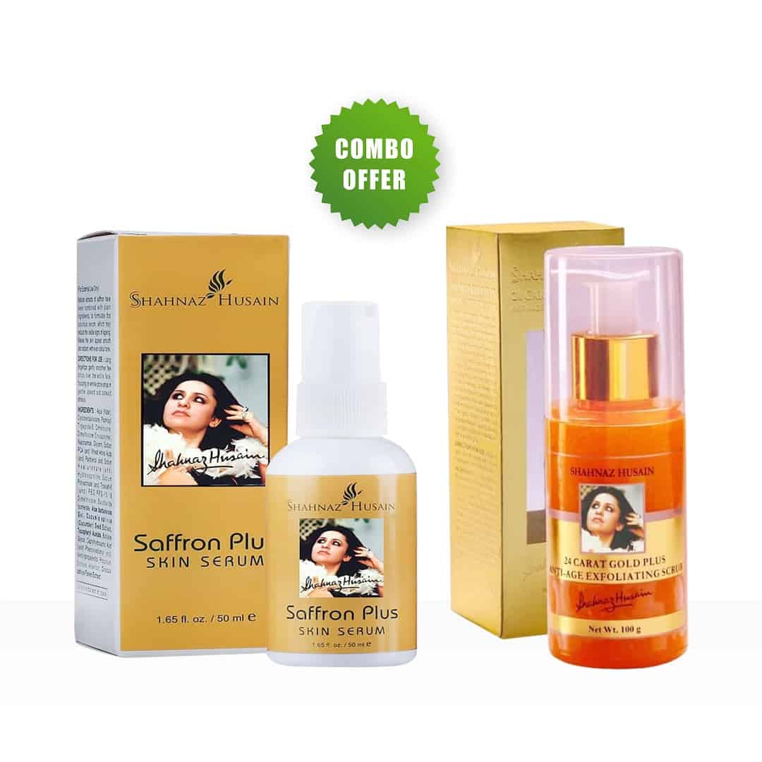 Shahnaz Husain 24 Carat Gold Plus Anti-Age Exfoliating Scrub – 100g + Saffron Plus Skin Serum – 50ml