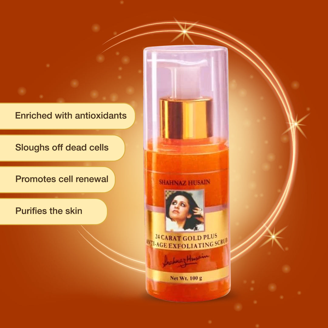 Shahnaz Husain 24 Carat Gold Plus Anti-Age Exfoliating Scrub - 100g + Saffron Plus Skin Serum | 50ml