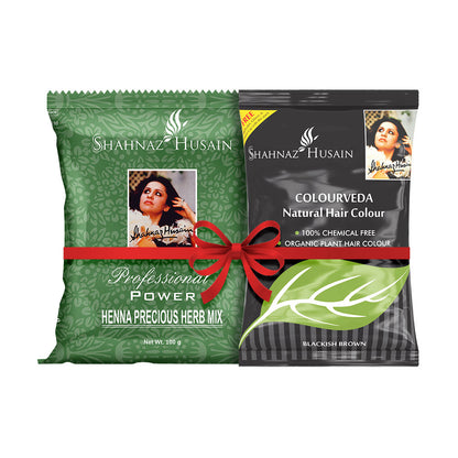 Shahnaz Husain Colourveda Natural Hair Colour - 100g (BLACKISH BROWN) + Forever Henna Precious Herb Mix – 100g)