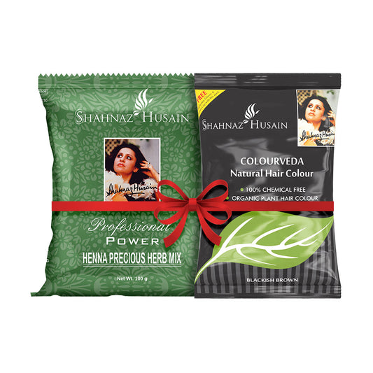 Shahnaz Husain Colourveda Natural Hair Colour - 100g (BLACKISH BROWN) + Forever Henna Precious Herb Mix - 100g)