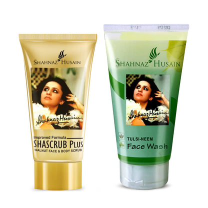 Shahnaz Husain Shascrub Plus - Walnut Face & Body Scrub 40g (Free-Tulsi Neem Face Wash 50g)