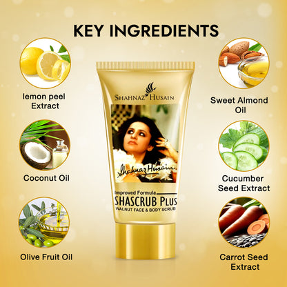 Shahnaz Husain Shascrub Plus - Walnut Face & Body Scrub 40g (Free-Tulsi Neem Face Wash 50g)