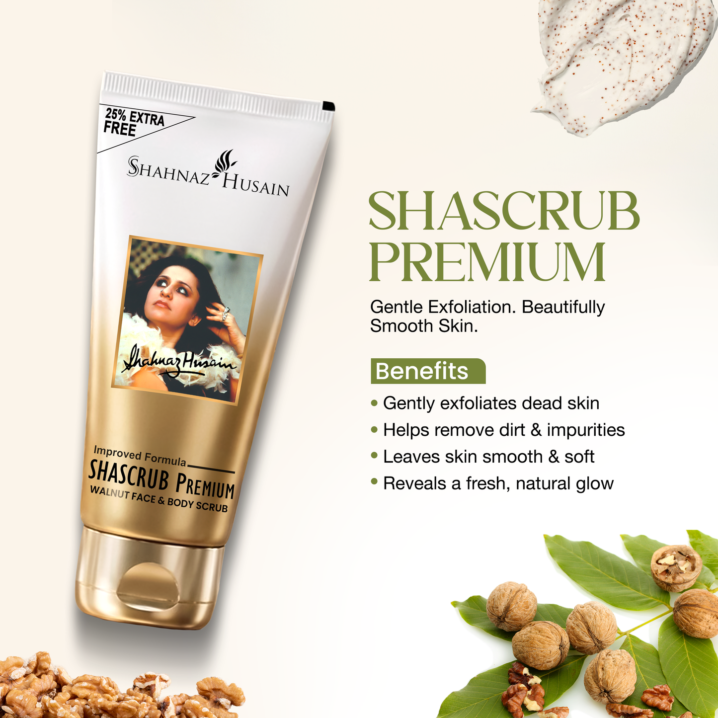 Shahnaz Husain Shascrub Premium - Walnut Face & Body Scrub 40g