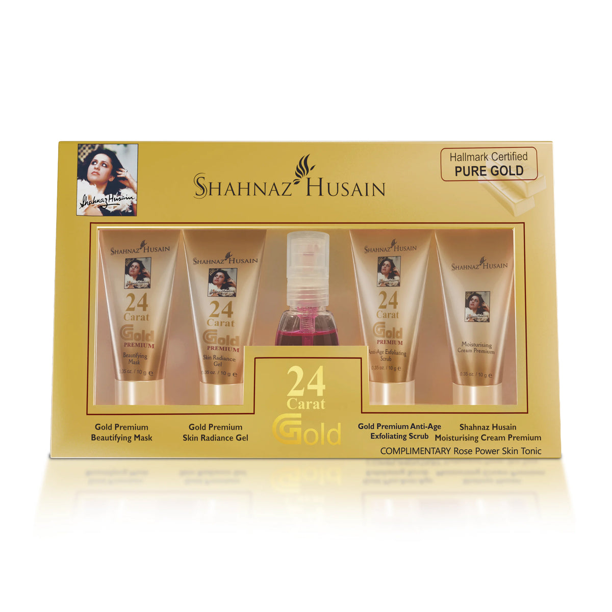 Shahnaz Husain Gold Premium Skin Radiance Timeless Youth 10gx4 Kit (G. Scrub ,G. Gel, M.Cream, G.Mask) FREE-Professional Power Skin Tonic | 15 Ml