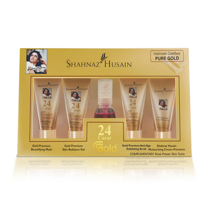 Shahnaz Husain Gold Premium Skin Radiance Timeless Youth 10gx4 Kit (G. Scrub ,G. Gel, M.Cream, G.Mask) FREE-Professional Power Skin Tonic | 15 Ml